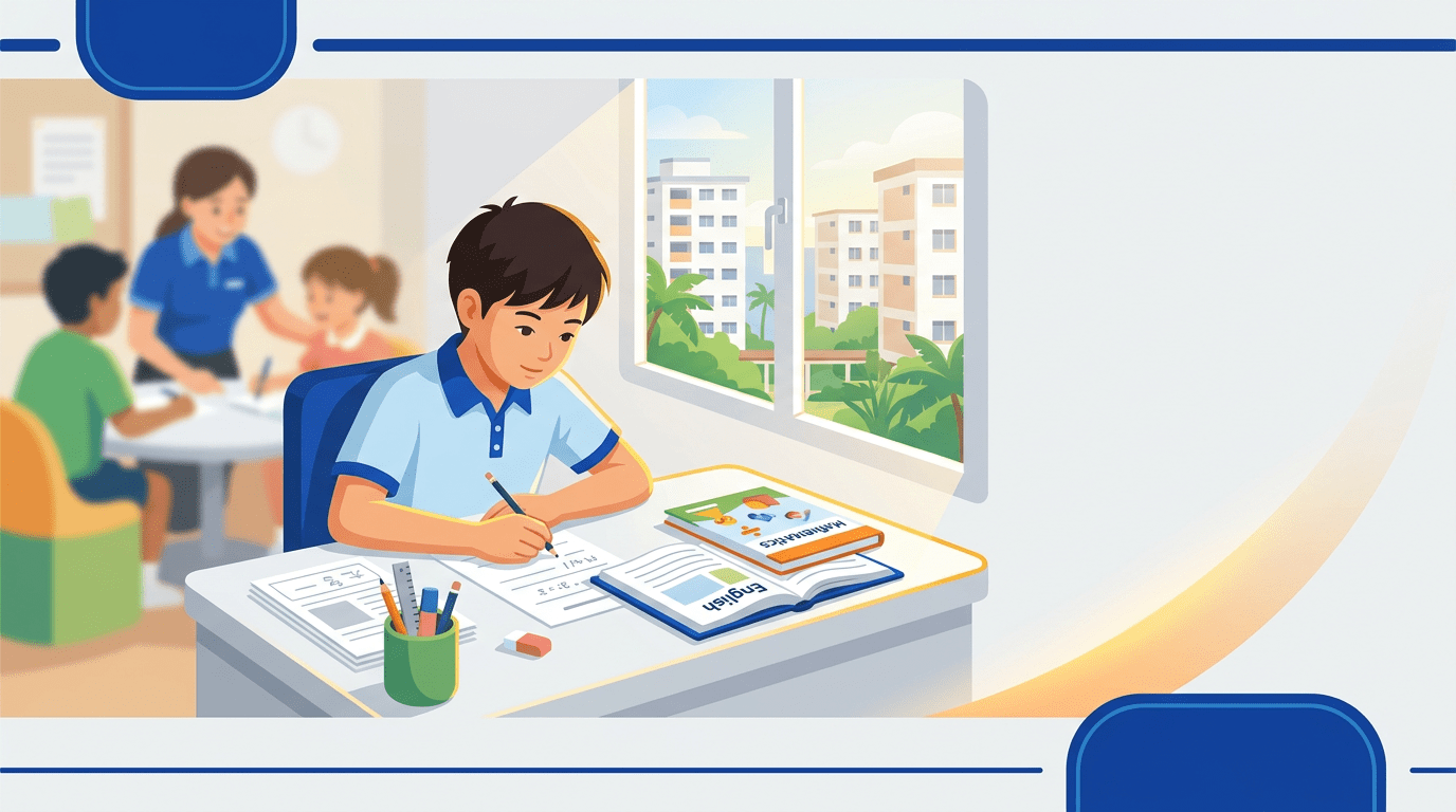 Asian child studies at a desk in a bright, cheerful Singapore classroom.