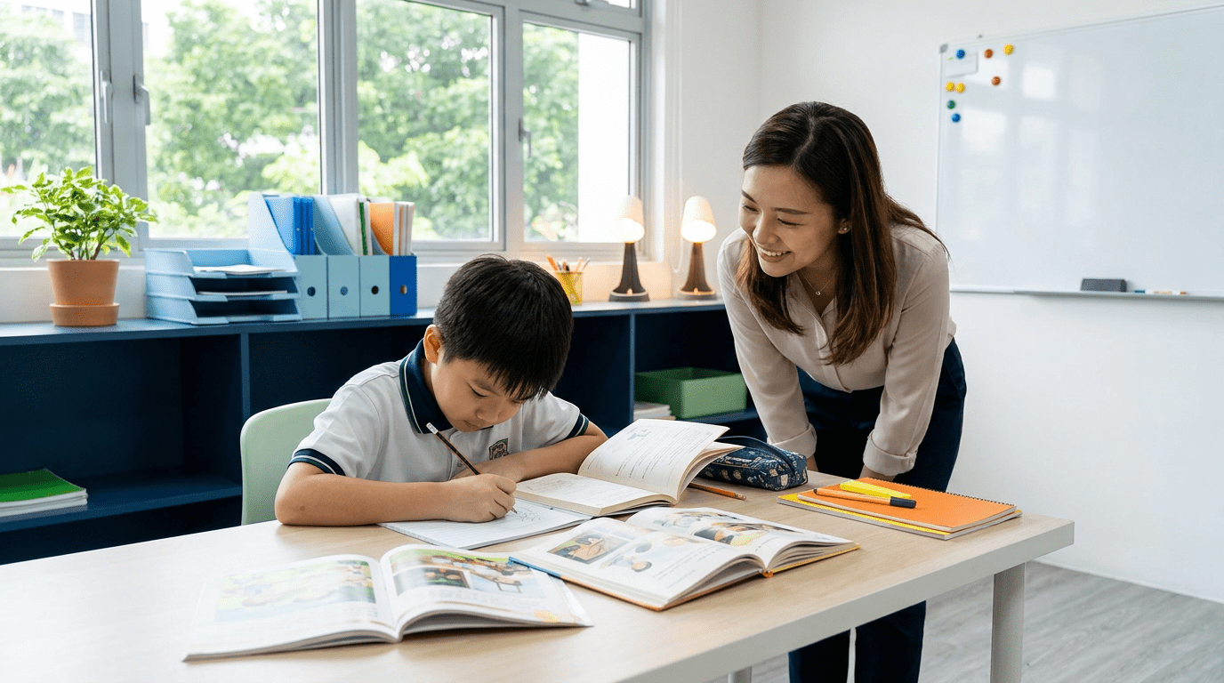 Asian child studying in a bright Singapore classroom with a tutor's support.