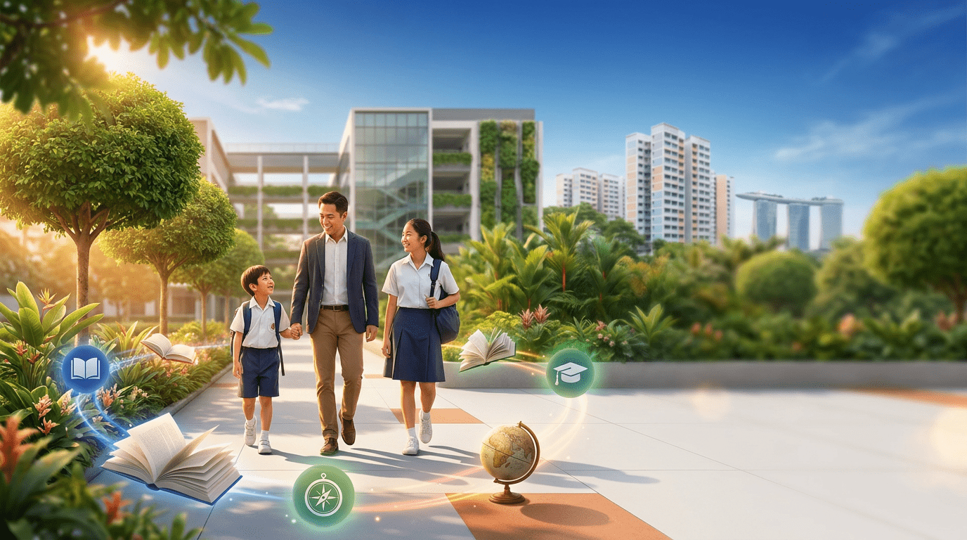 Asian family with school kids walking on a sunny path in Singapore, vibrant and hopeful.