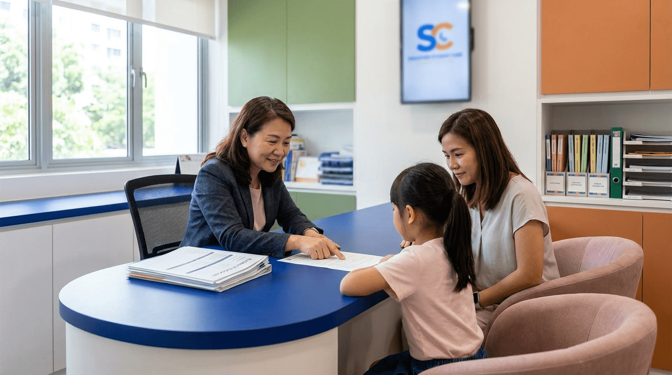 Asian female administrator reviews documents with child and parent in modern Singapore student care center.