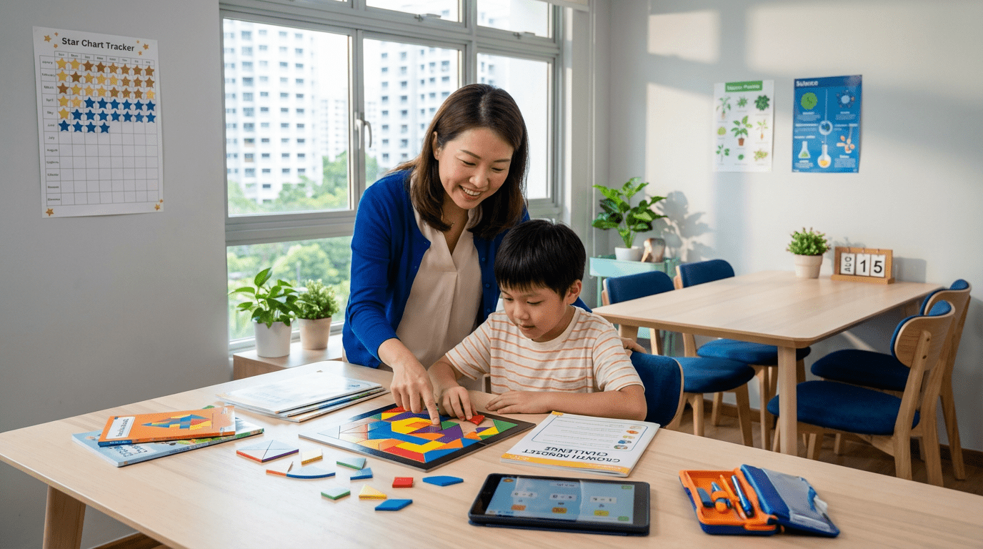 Asian mother and child learning with puzzle in bright Singaporean home study area, warm atmosphere.