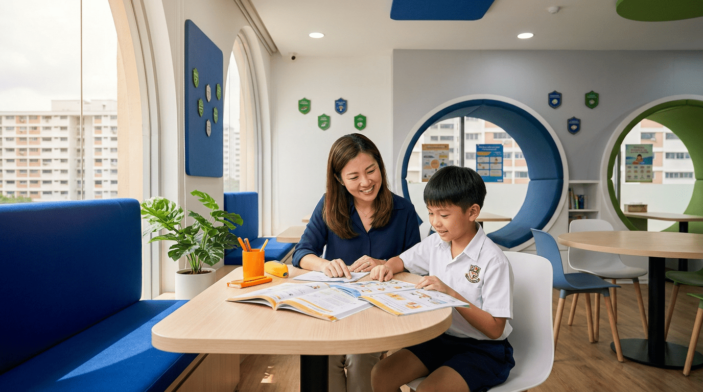 Asian parent and child at a Singapore tutoring center, reviewing schoolwork at a well-lit study table.