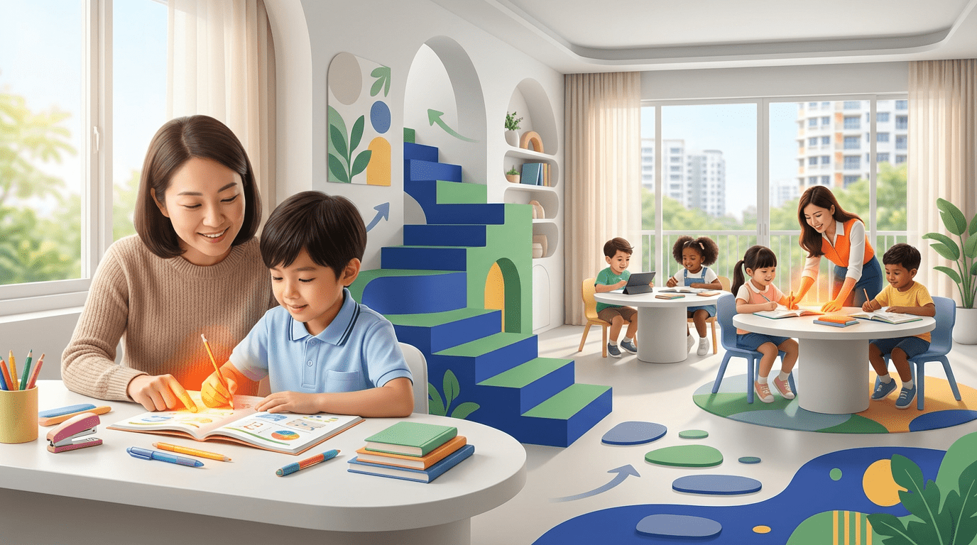 Asian parent and child study at a modern Singapore tutoring center with vibrant educational elements.