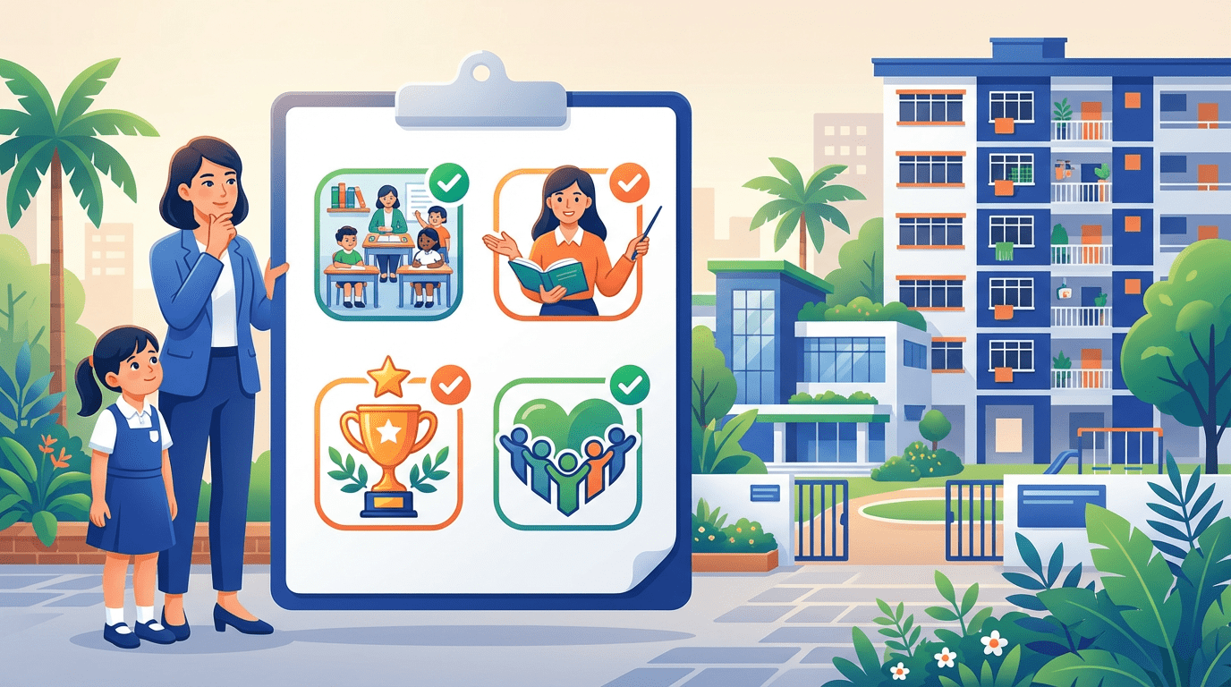 Asian parent and child with checklist in front of Singapore school, vibrant iconography.