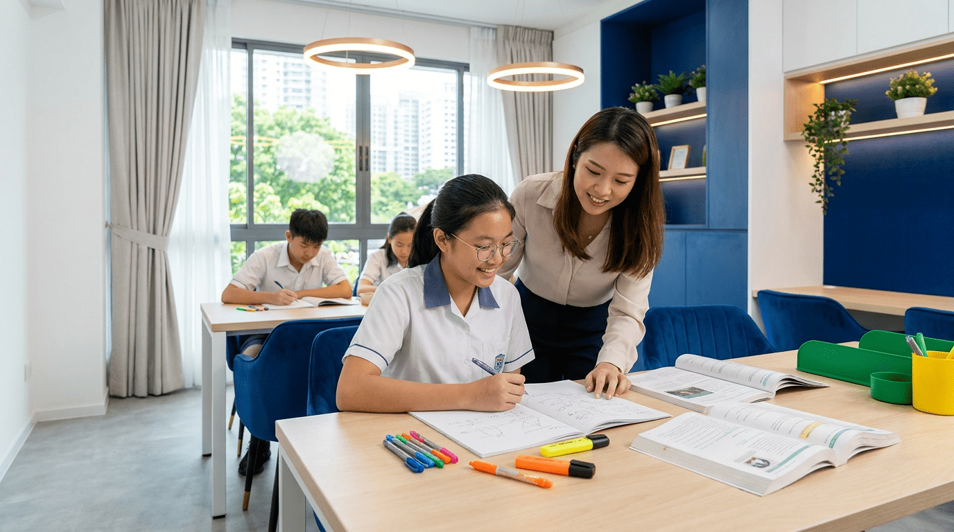 Asian student and tutor in bright Singapore tuition centre, surrounded by study materials.