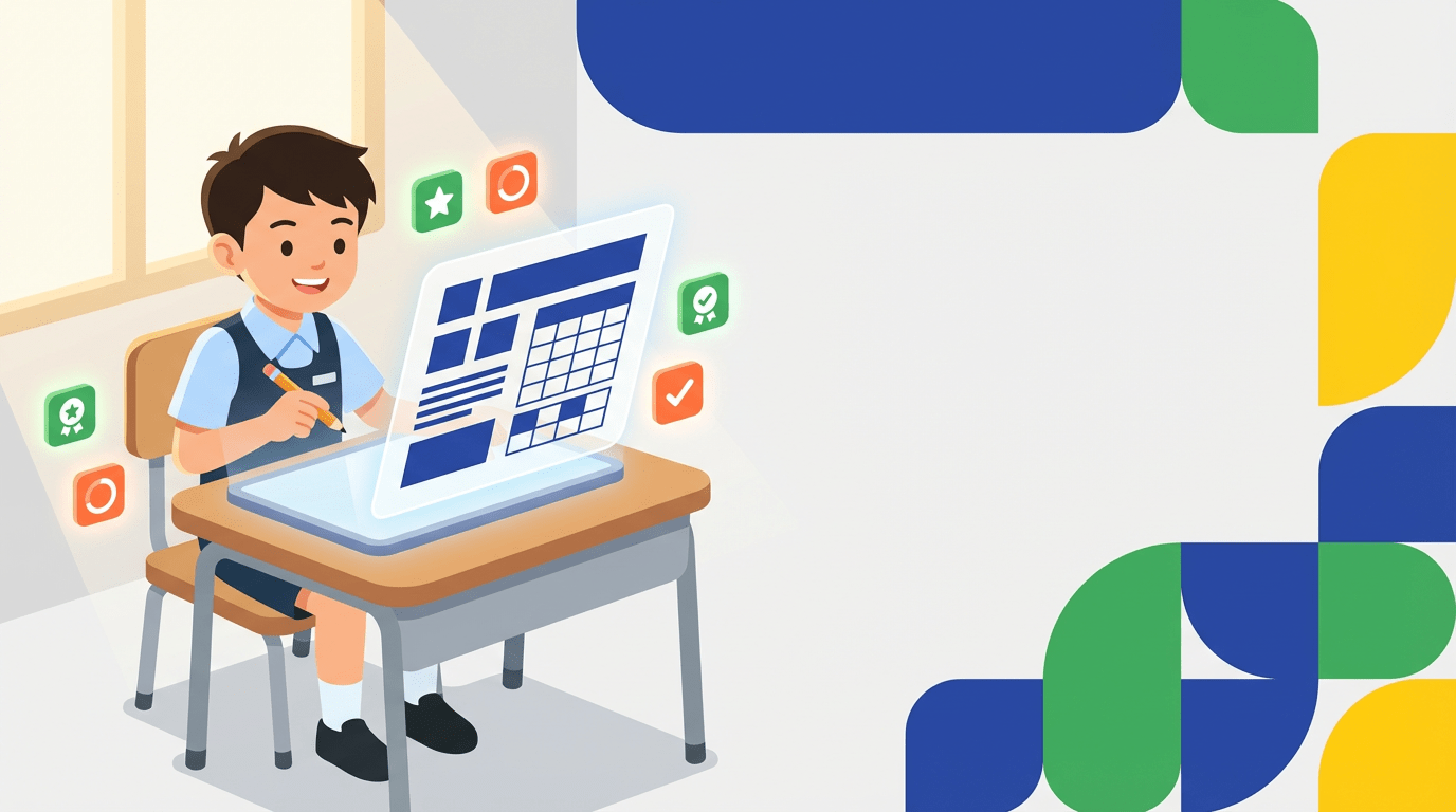 Asian student at desk with exam paper, icons floating; modern, bright classroom setting.