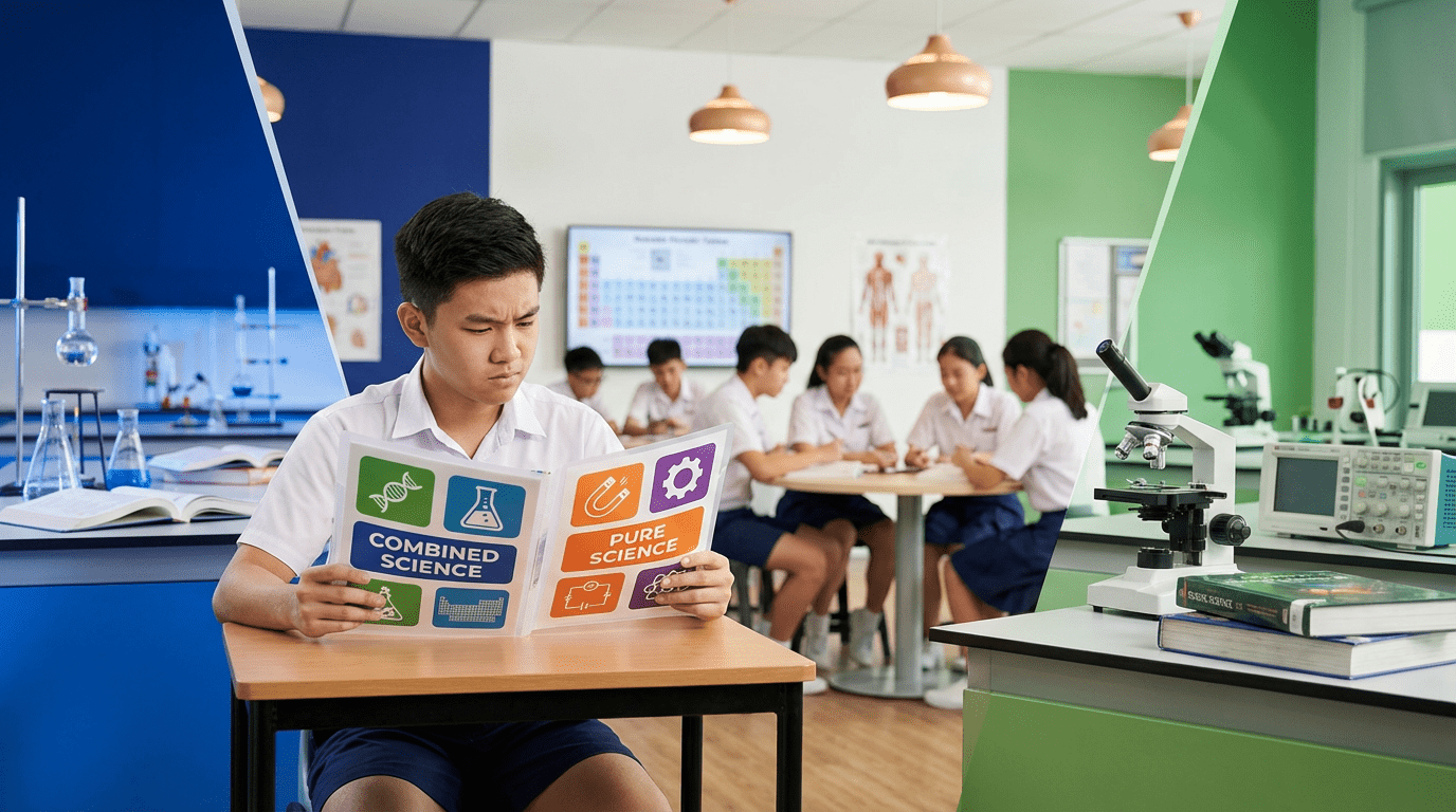 Asian student in uniform compares science folders in a bright Singapore classroom.
