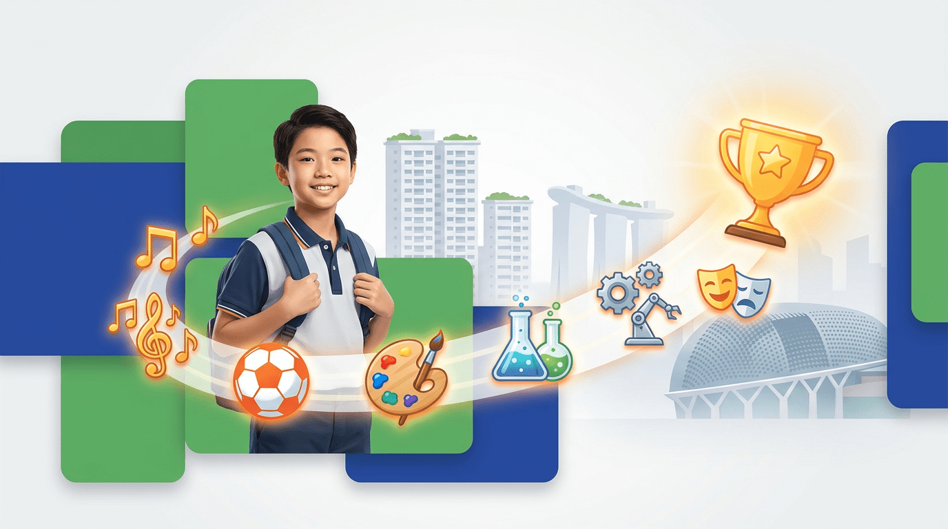 Asian student in vibrant scene with talent icons, Singapore skyline backdrop, trophy symbolizing achievement.
