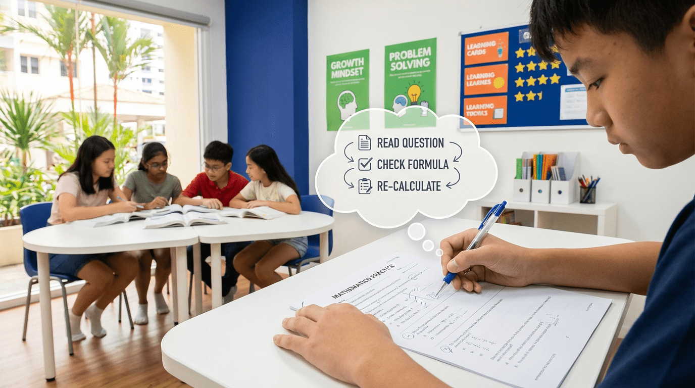 Asian student reviews exam, focus on hands with pen; vibrant classroom, modern decor.