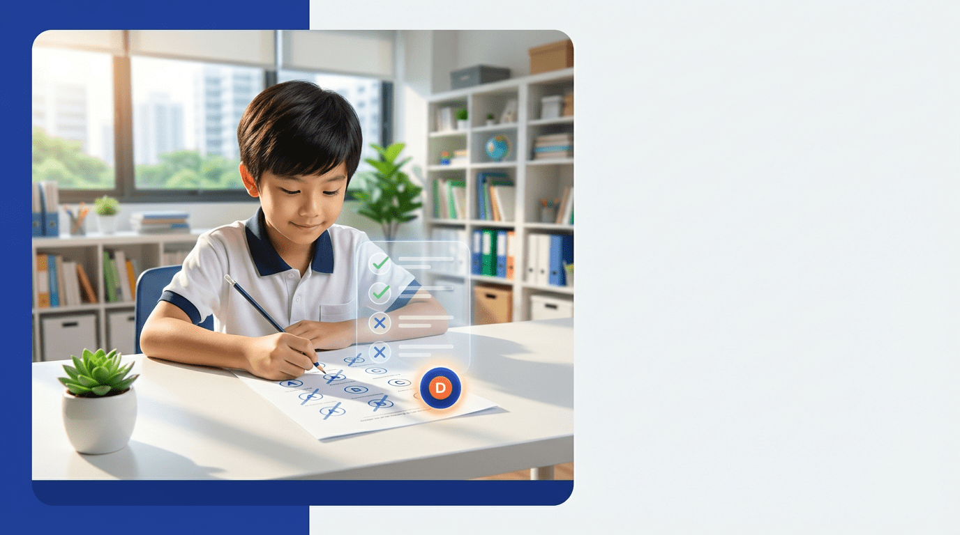 Asian student studying exam with glowing checklist in Singapore classroom.