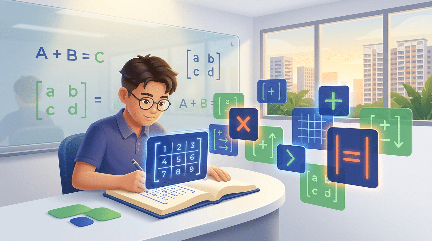Asian teenager writing at a study desk with glowing matrix grid and geometric overlays in a modern classroom.