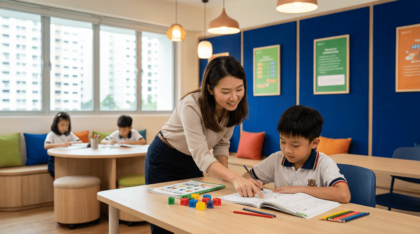 Asian tutor guides child at desk in modern Singapore tuition center with math tools.