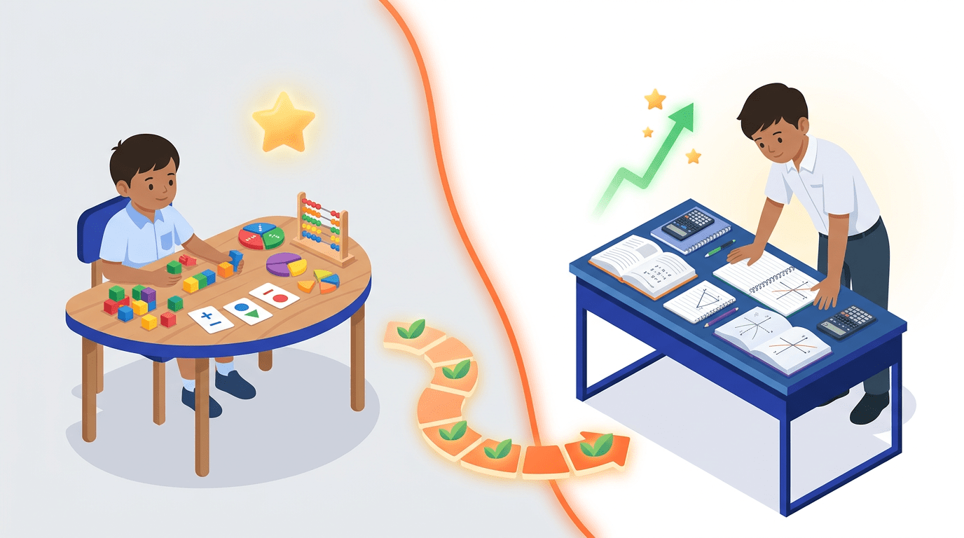 Banner showing a child's transition from primary to secondary math in Singapore, with desks and study tools.