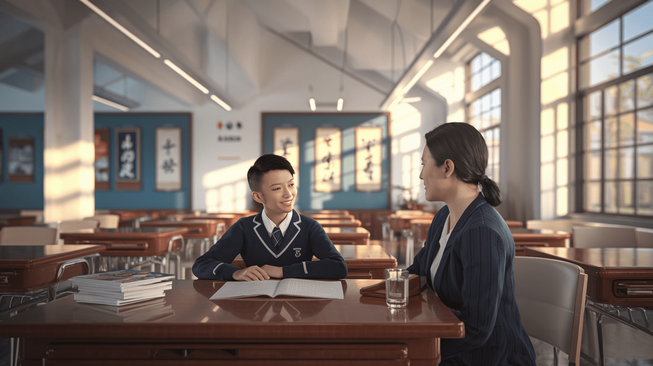 Bright Singapore classroom; student and teacher converse warmly, sunlit atmosphere.