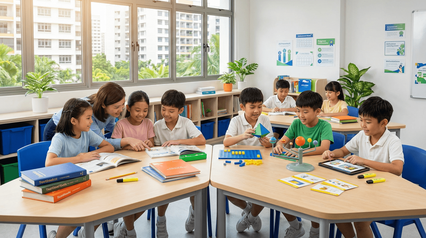 Bright Singapore classroom with diverse students engaged in colorful learning, warm light, tropical plants.