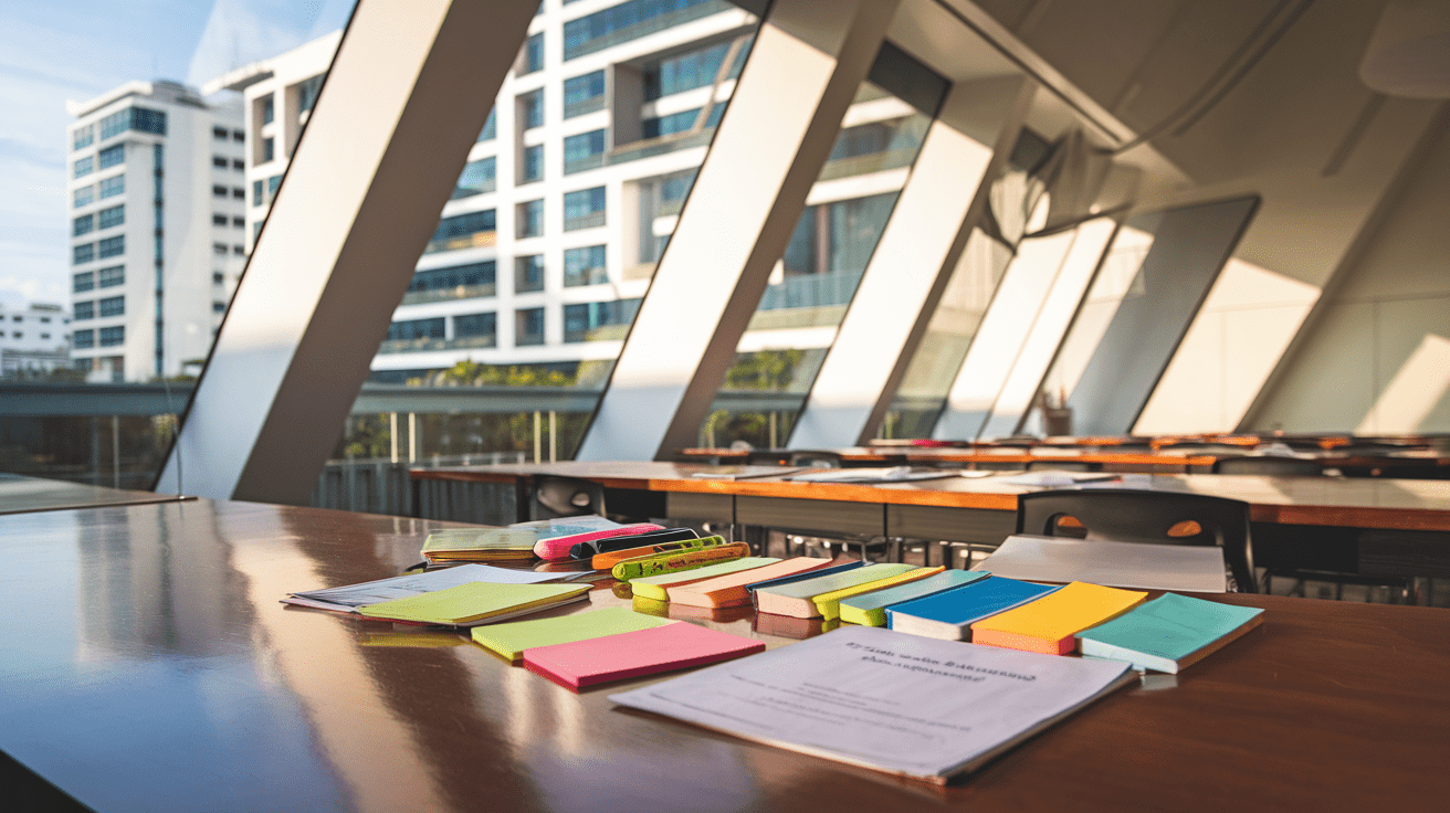 Bright Singapore classroom with HDB views, wooden desk, study materials, and digital tablet.