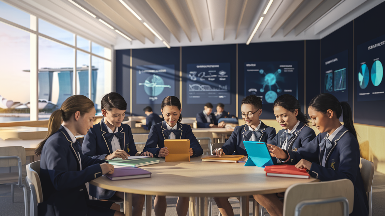 Bright Singapore classroom with Marina Bay Sands in background, diverse students at table.