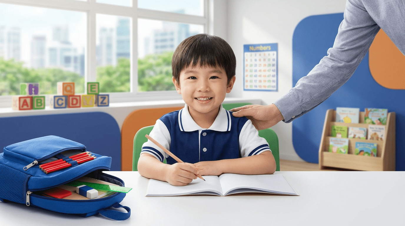 Cheerful Asian child in Singapore school, ready to learn with supportive parent.