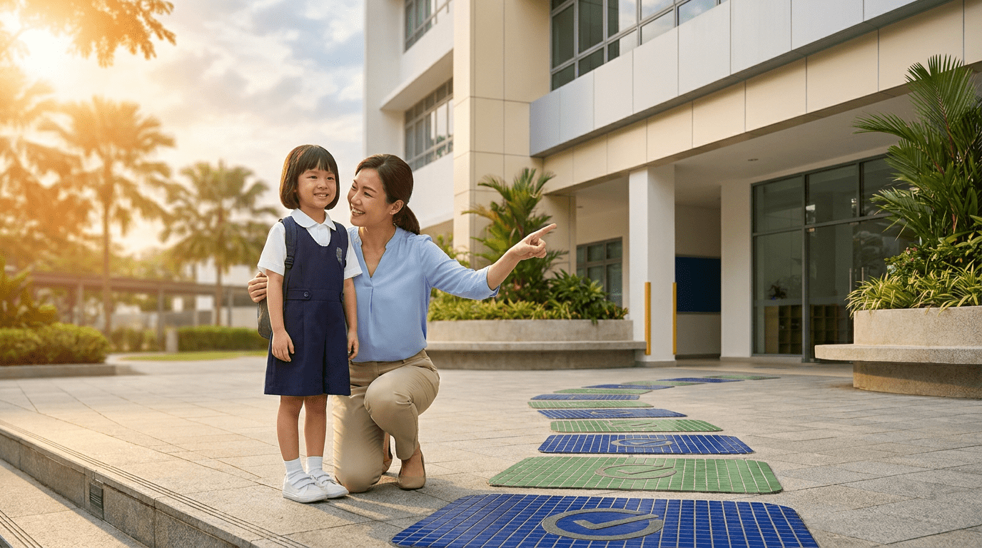 Cheerful child in white uniform with parent at modern Singapore school entrance, warm sunlight, lush greenery.