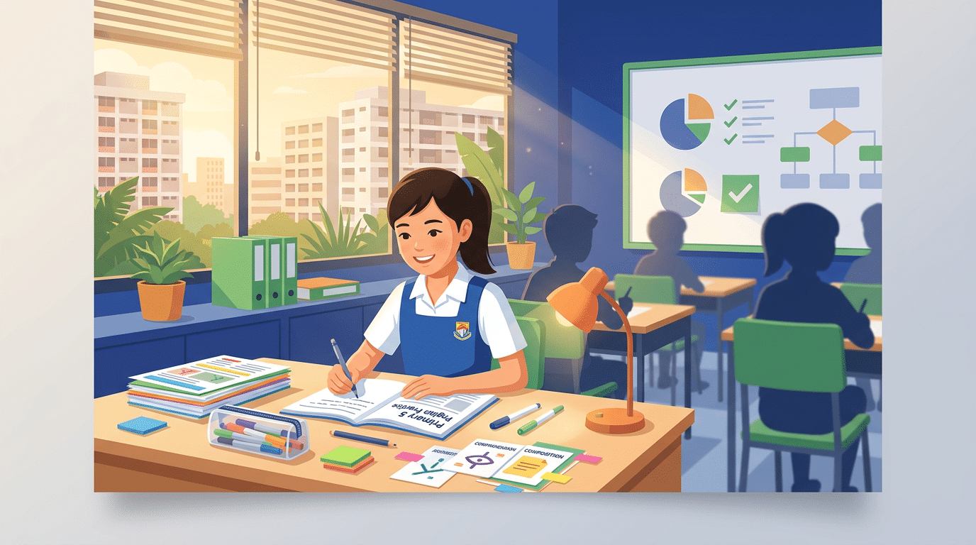 Cheerful young girl in school uniform writing at desk in cozy tuition classroom; vibrant, warm setting with tropical Singapore skyline.