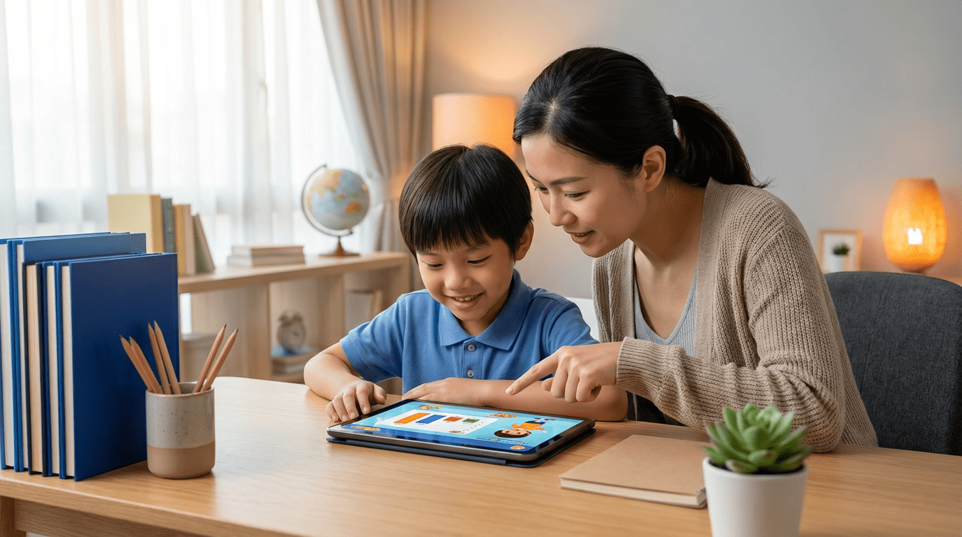Child at desk with tablet, guided by parent, in modern Singapore home study.