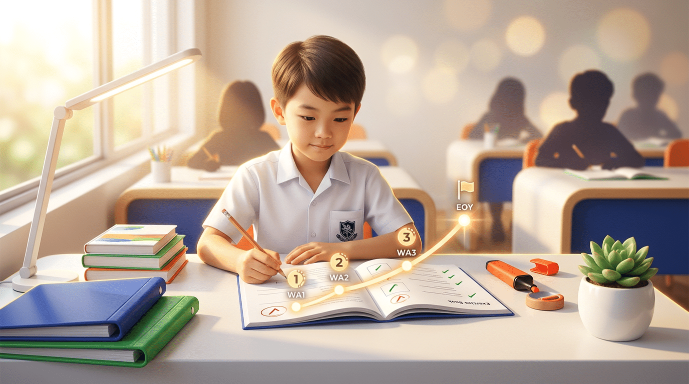 Child in Singapore school uniform reviews progress chart at colorful study desk.