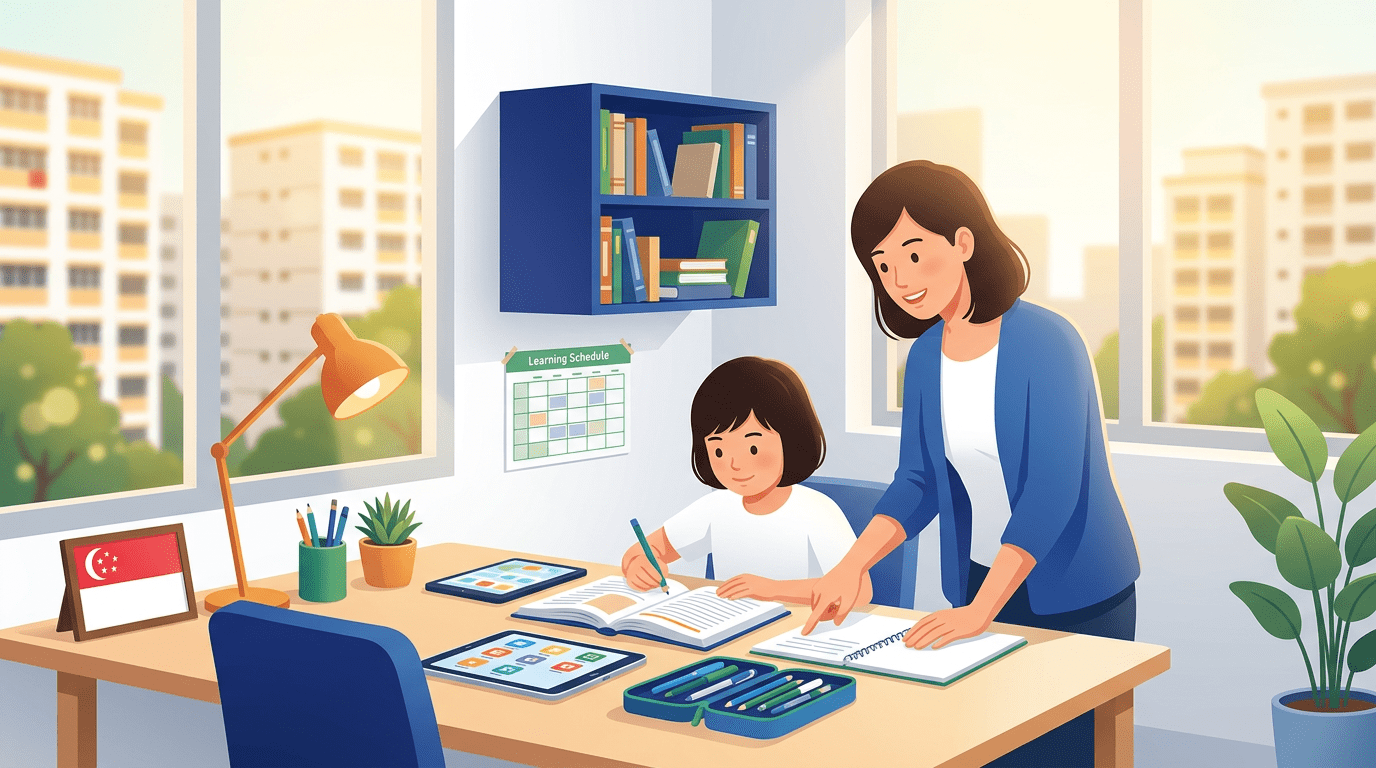 Child learning at home desk with mother's guidance in bright Singapore study.