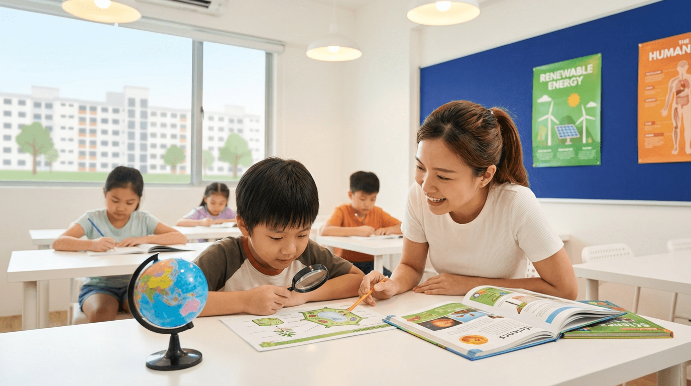 Child studying science with tutor in bright, modern Singapore classroom.