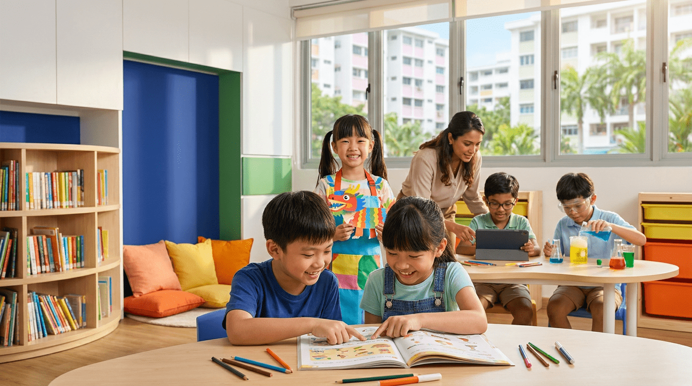 Children in a vibrant Singapore classroom engaged in crafts, science, and learning with a teacher.
