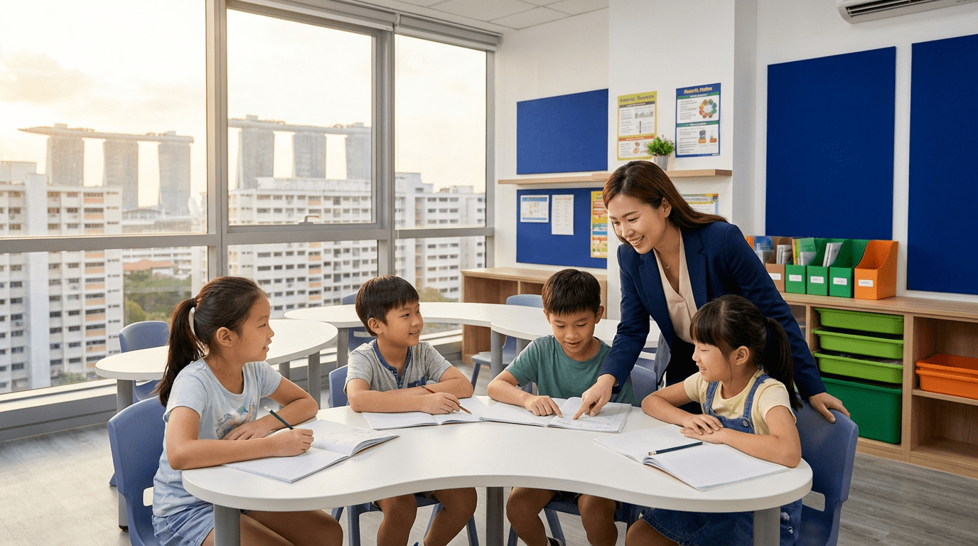 Children learning with tutor in a modern Singapore classroom, urban skyline view.
