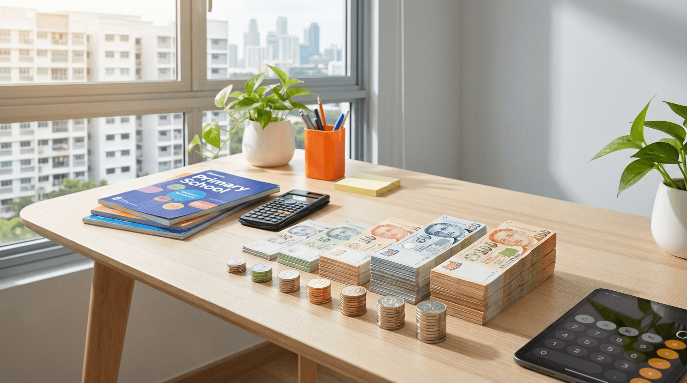 Clean desk with stacked Singapore dollars, colorful school items, tablet, and skyline view.
