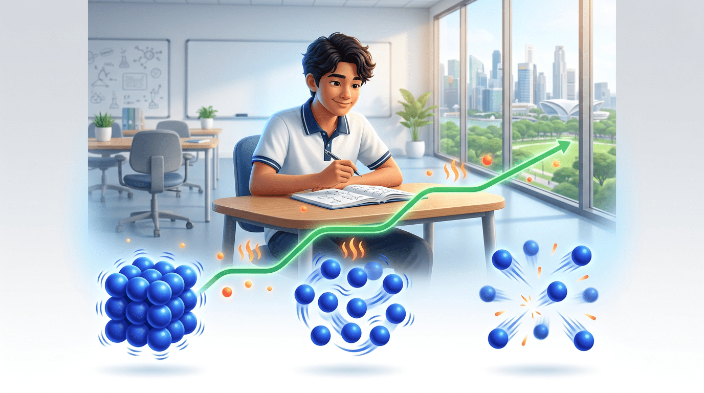 Colorful science diagram of solid, liquid, gas in a Singapore classroom with student.