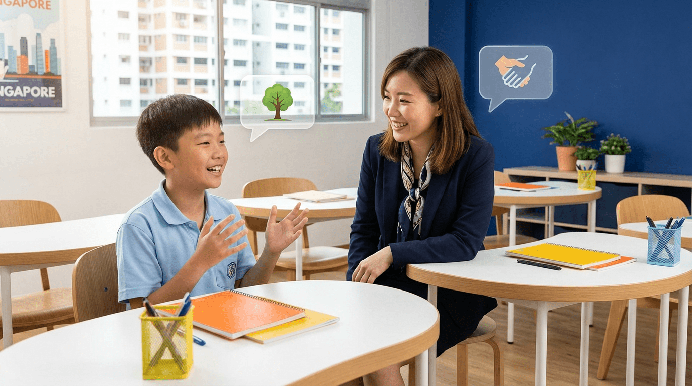 Confident Asian student presenting in vibrant Singapore tuition classroom with attentive teacher.