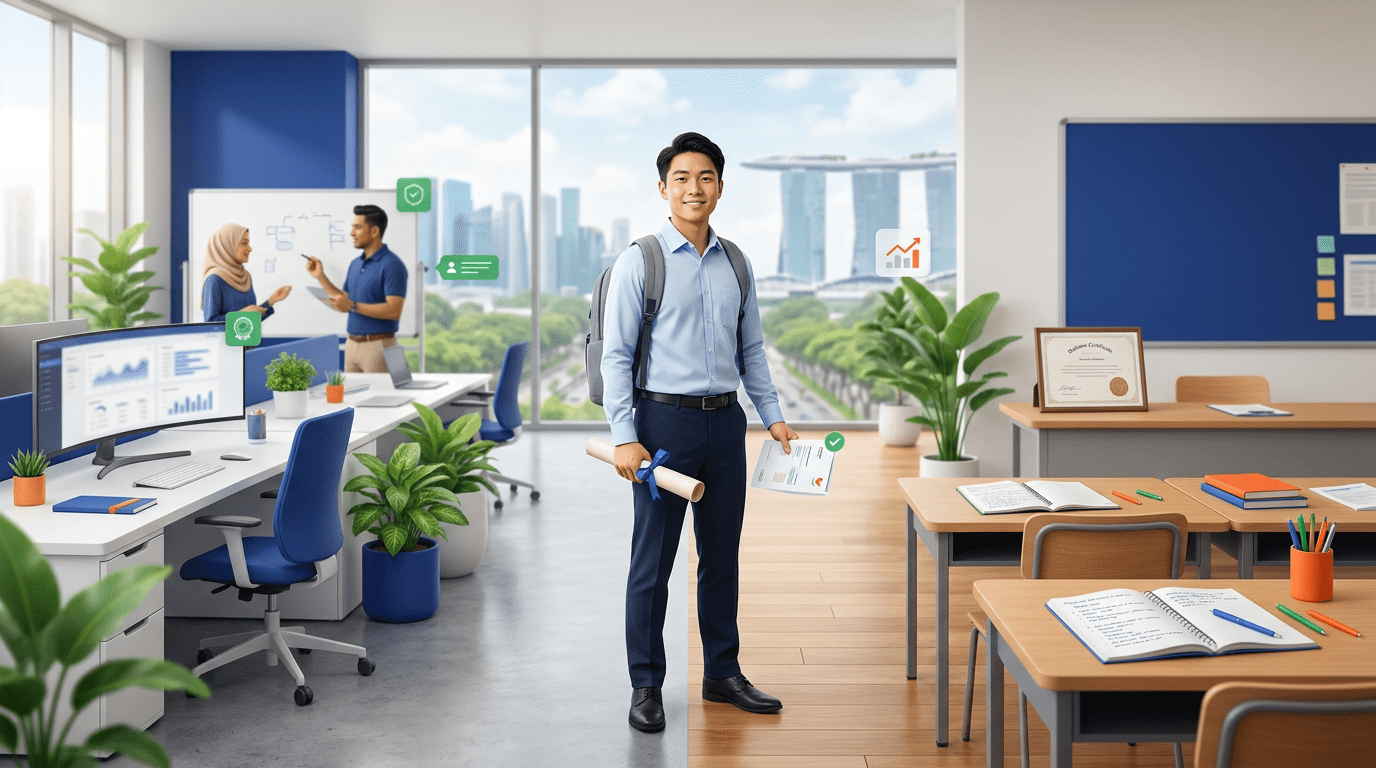 Confident Singaporean student in smart attire between office and classroom, holding diploma and paycheck.