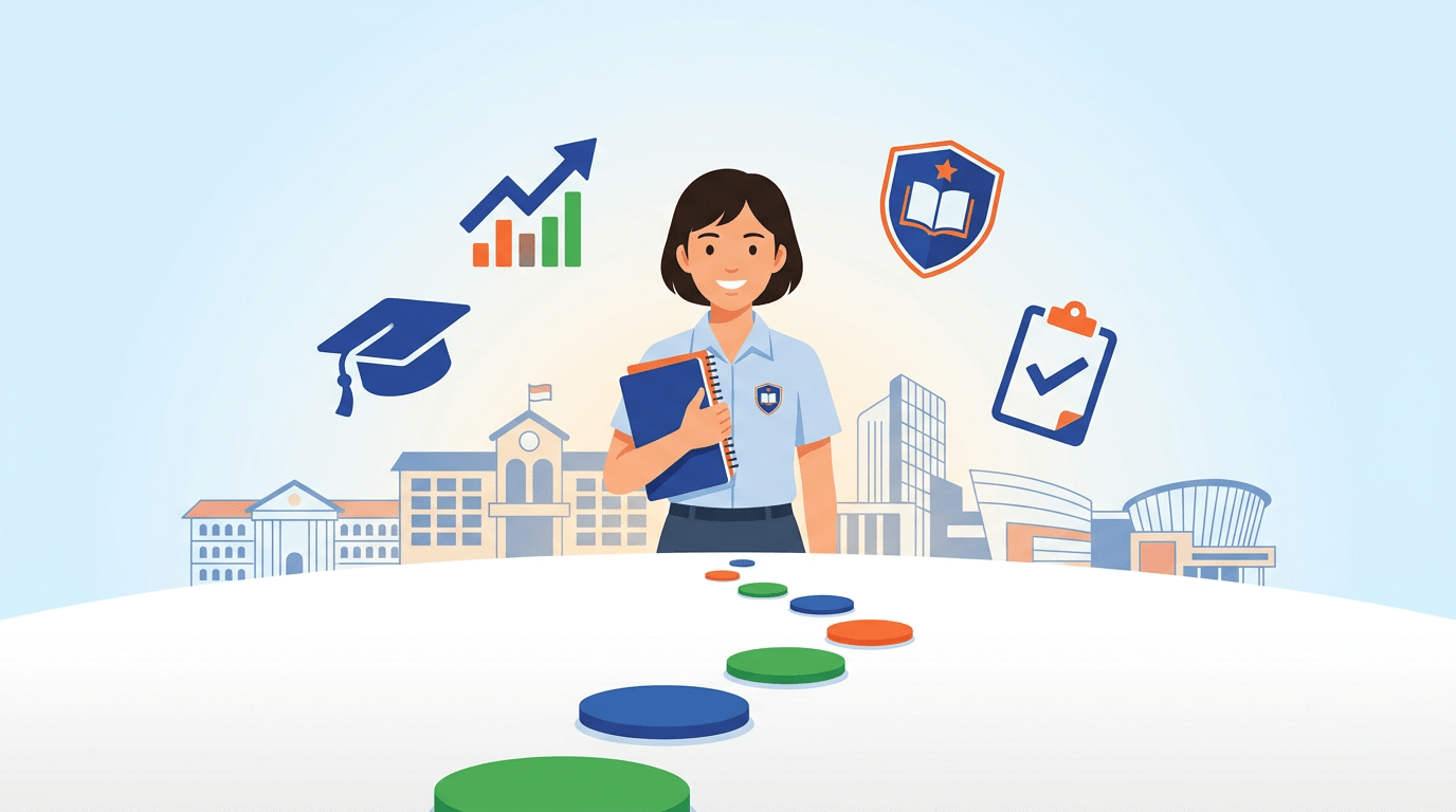 Confident Singaporean student in uniform with icons of academic achievement and school buildings in background.