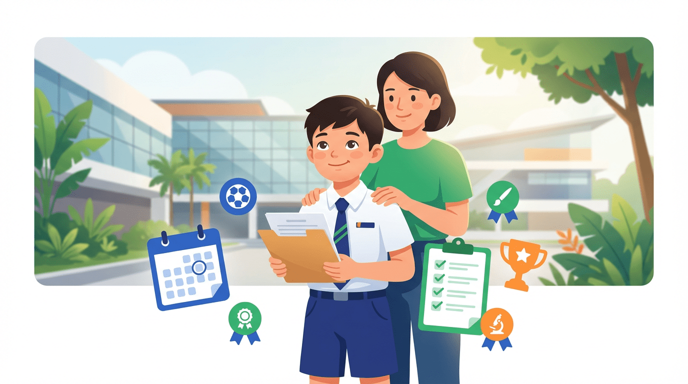 Confident Singaporean student with acceptance letter, modern school, supportive parent, icons of achievement.