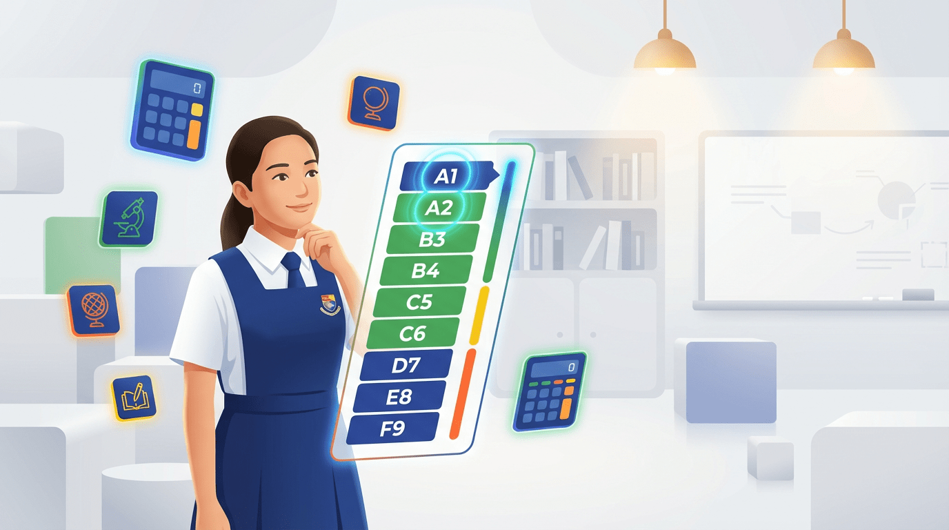 Confident student in uniform observes grade chart in modern classroom setting.