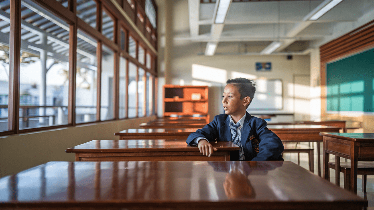 Confident student speaks at desk in sunlit, modern Singapore classroom with traditional elements.