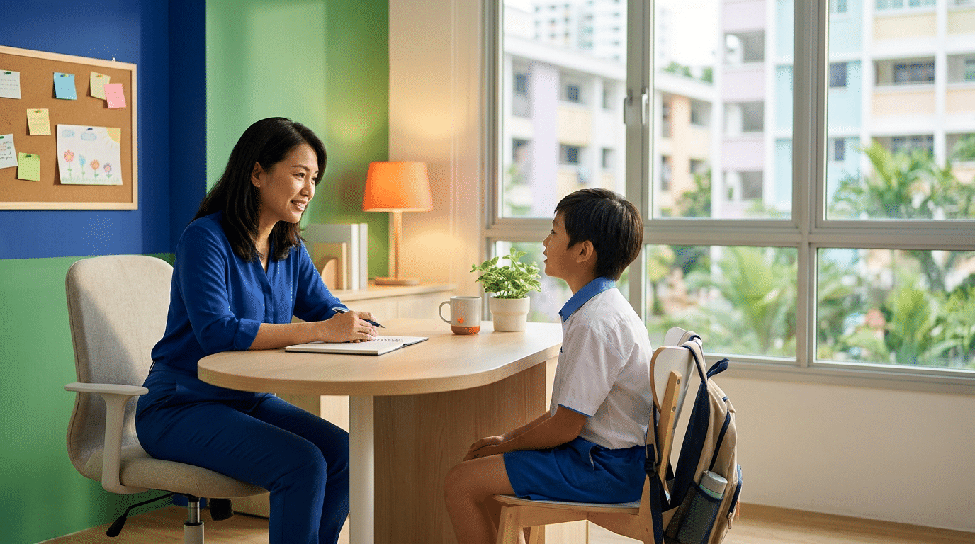 Counsellor and student engage in warm, modern Singapore school room with lush view.