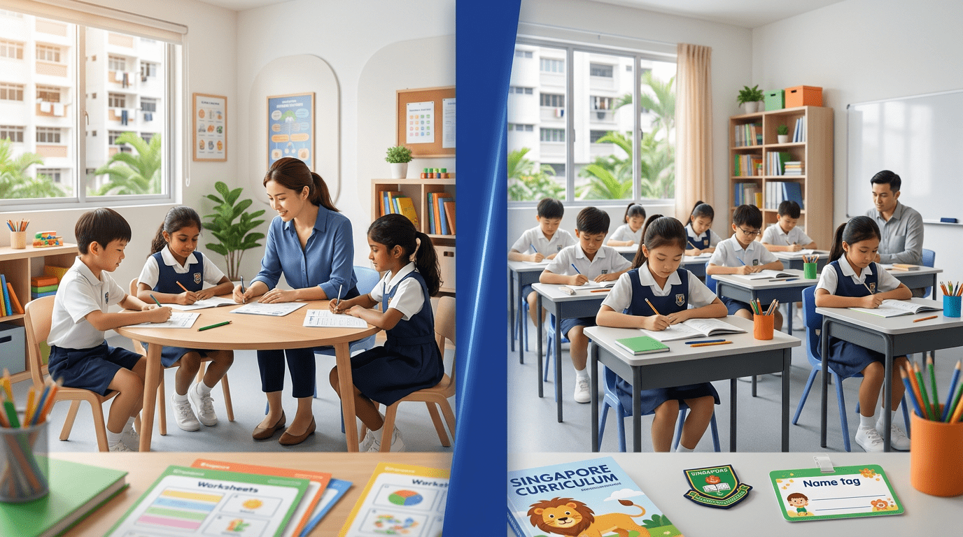 Cozy student care room with diverse kids and teacher; structured classroom with individual desks.