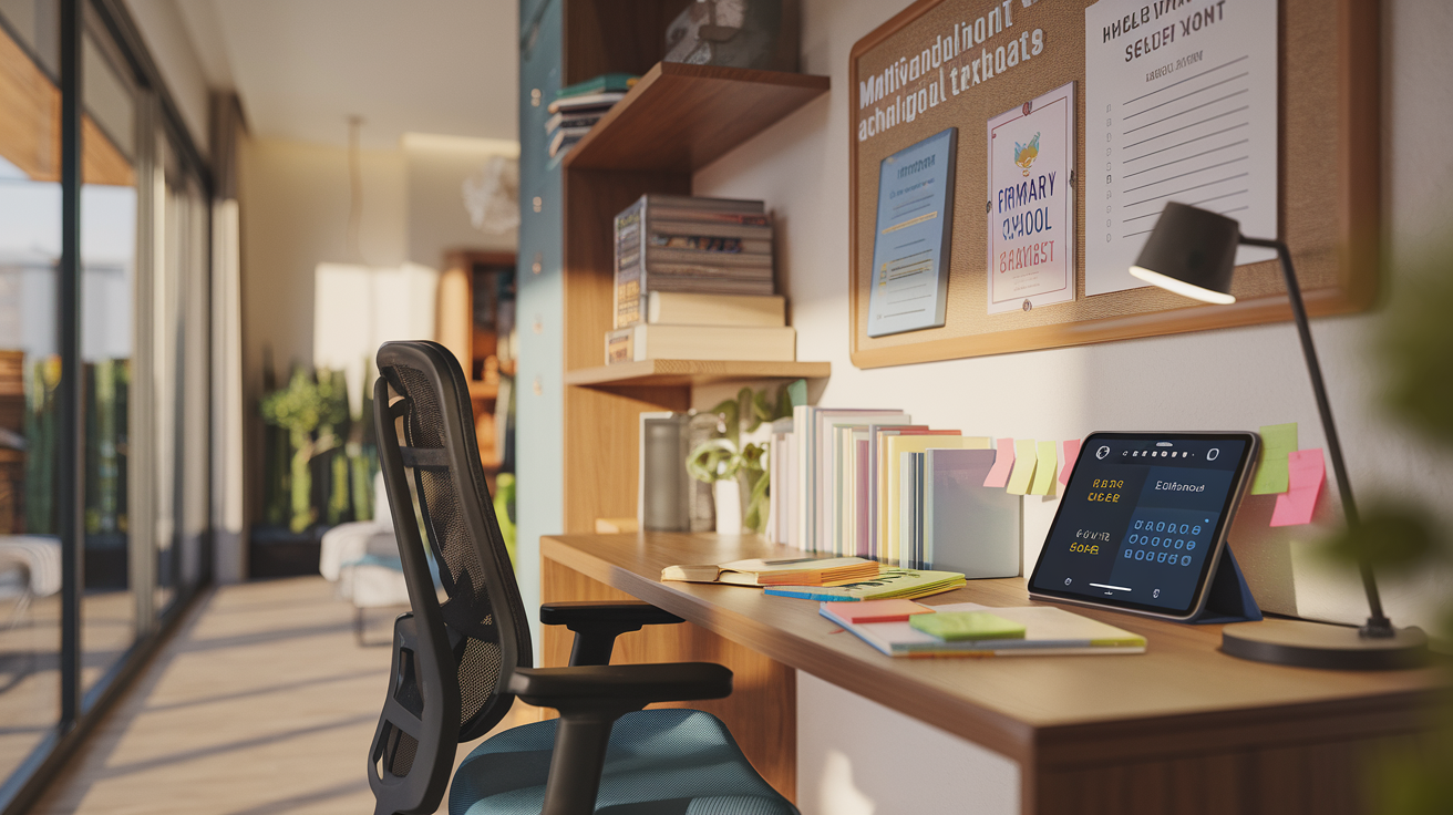 Cozy study corner with wooden desk, textbooks, digital tablet, and floor-to-ceiling windows.