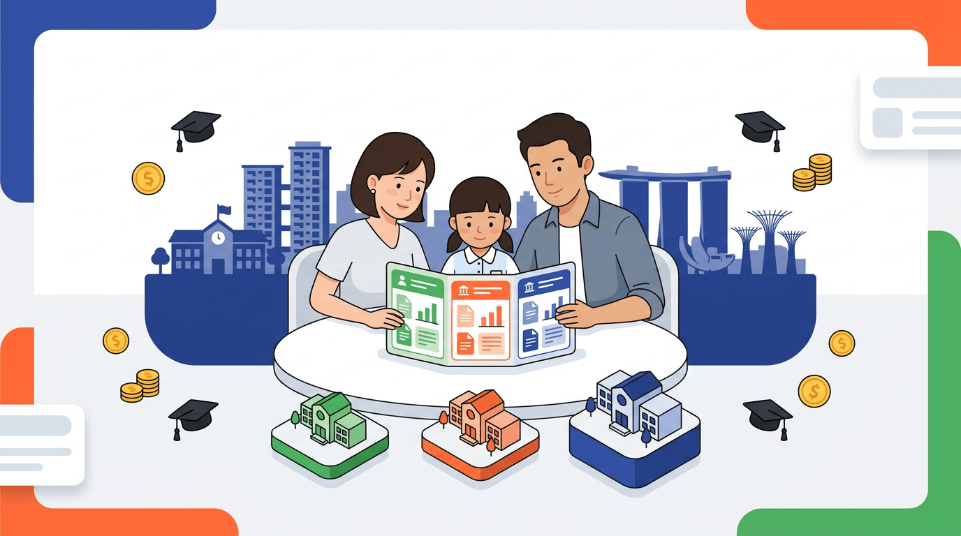 Diverse Asian family planning school fees at a desk, with Singapore skyline in the background.