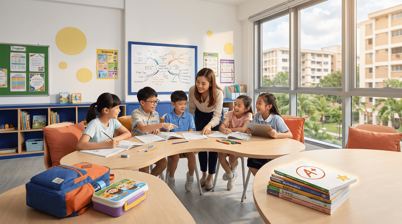 Diverse children in a bright Singapore classroom, guided by a teacher, with books and backpacks.