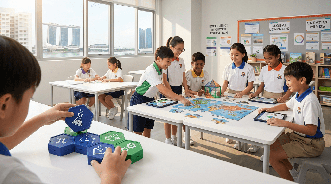 Diverse primary students in Singapore classroom engaging with colorful educational puzzles.