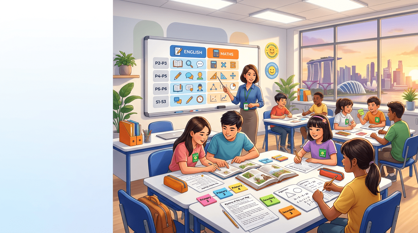 Diverse students in a Singapore tuition classroom study with a tutor, vibrant colors, skyline view.