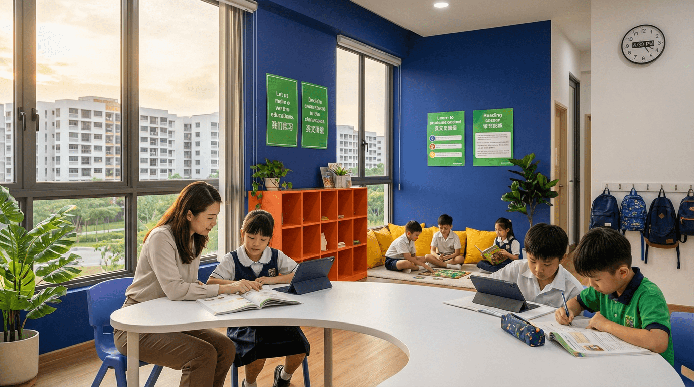 Diverse students in Singapore classroom during golden hour, doing homework and playing games, with teacher's guidance.