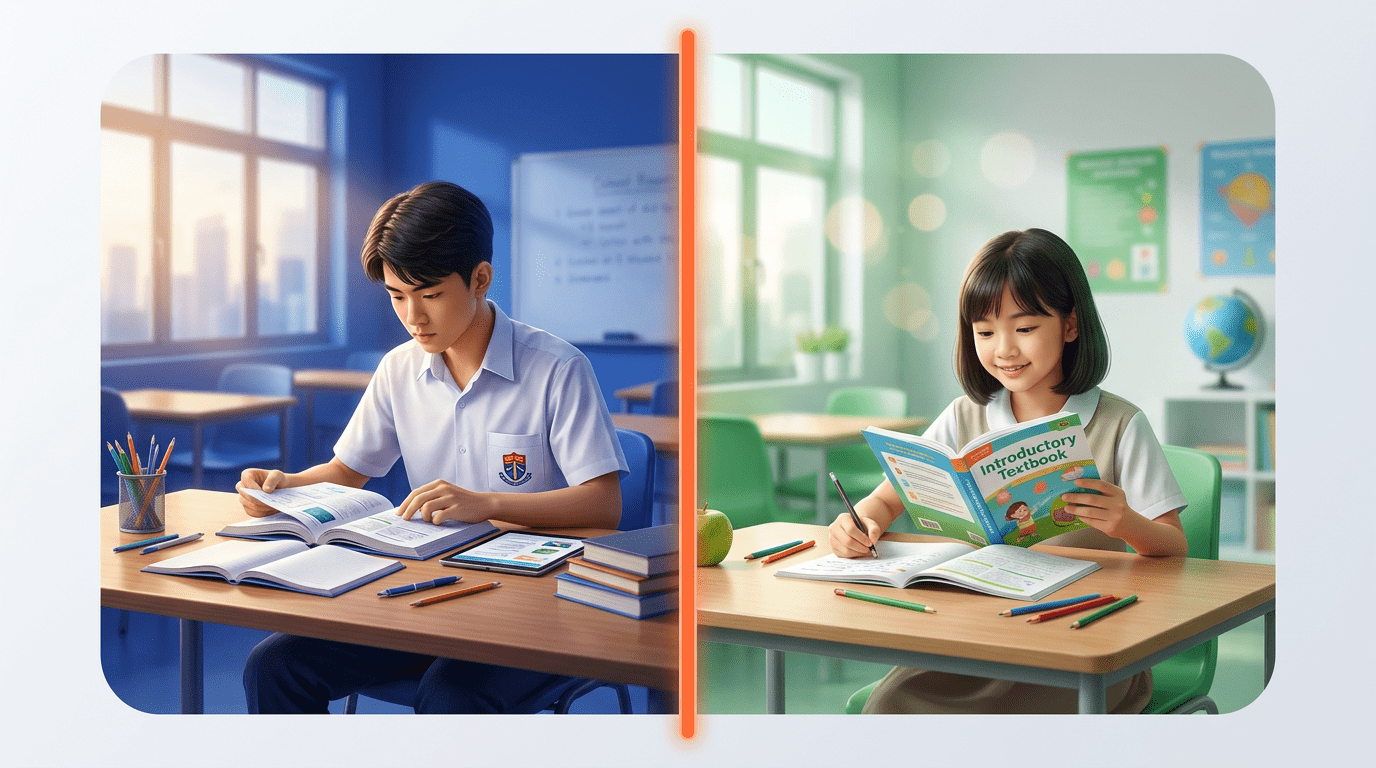 Dual-panel scene of Singaporean students studying, contrasting educational paths.