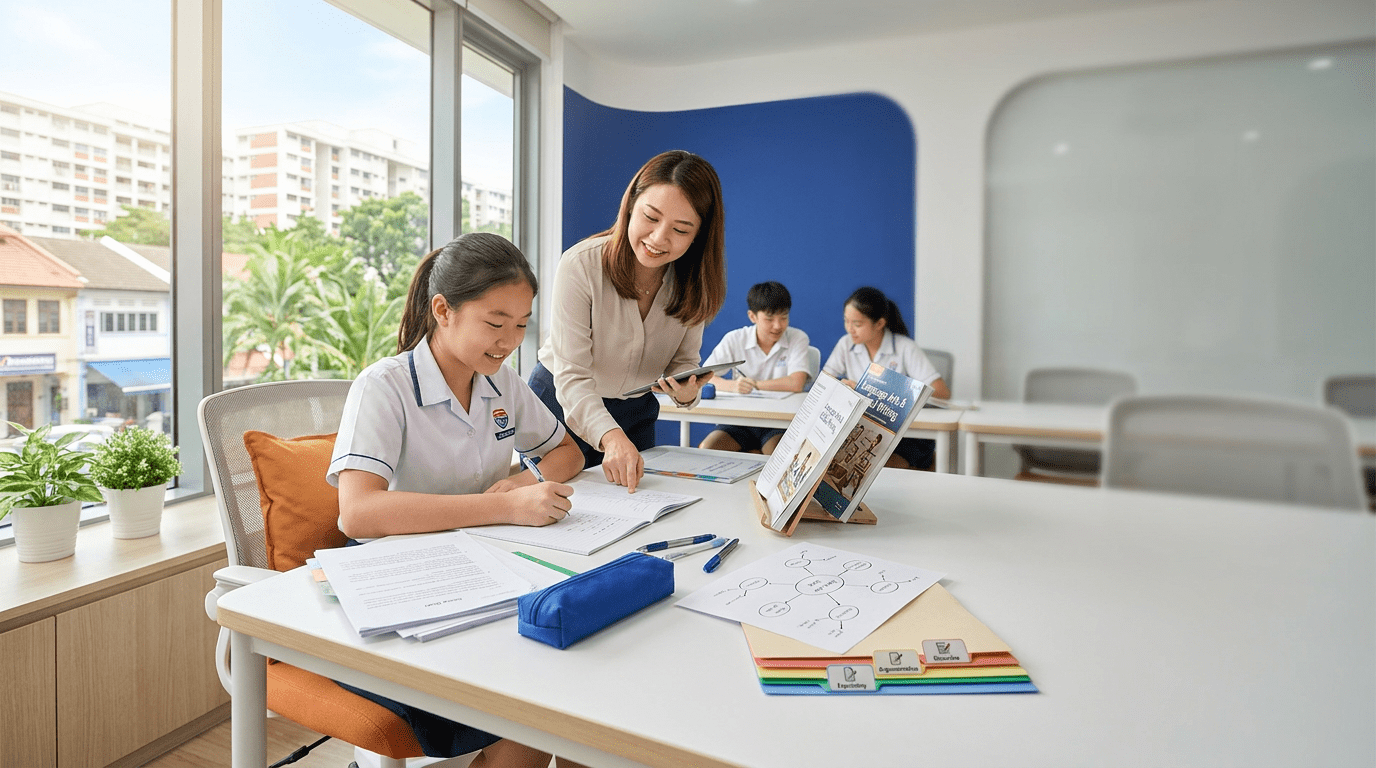 East Asian teen writing at a desk in a bright Singapore classroom, tutor nearby.