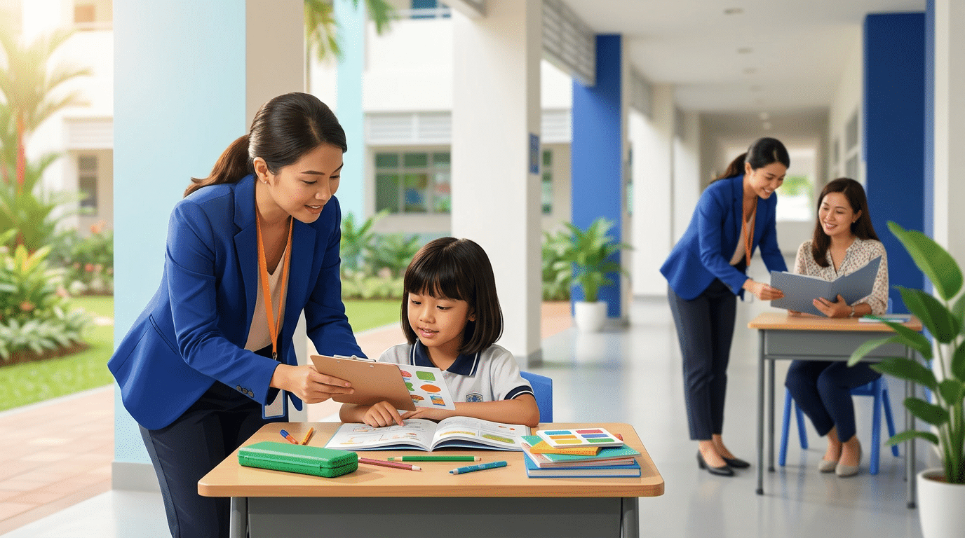 Educator guides child at desk; parent reviews materials in bright school corridor.