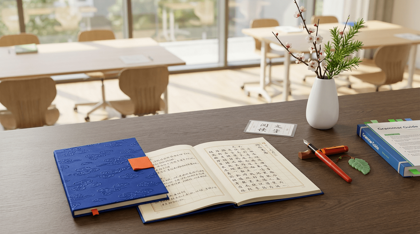 Elegant desk with Chinese calligraphy, notebook, pen, plum blossoms, in a modern classroom.